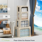 4 Pack Clothes Storage Bins with Metal Frame - Linen Fabric Foldable Stackable Container Organizer Set with Clear Window & Ca