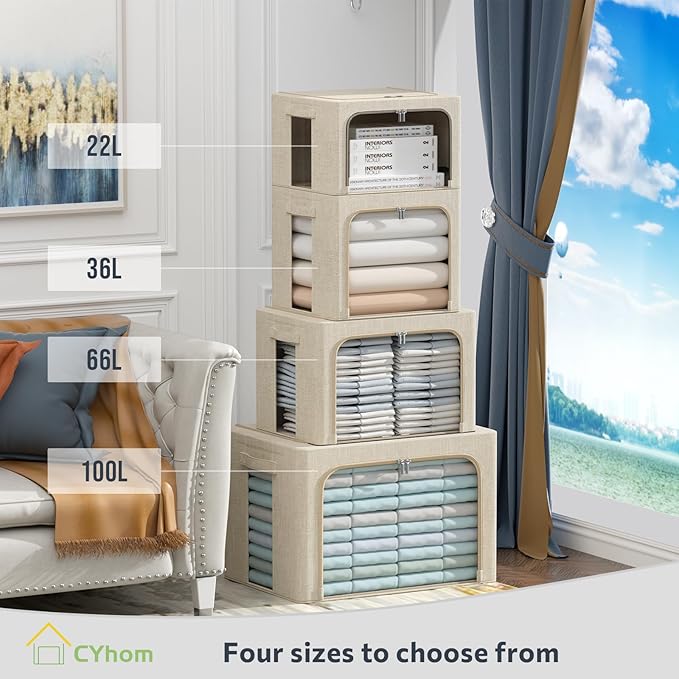 CYhom 4 Pack Clothes Storage Bins with Metal Frame - Linen Fabric Foldable Stackable Container Organizer Set with Clear Windo