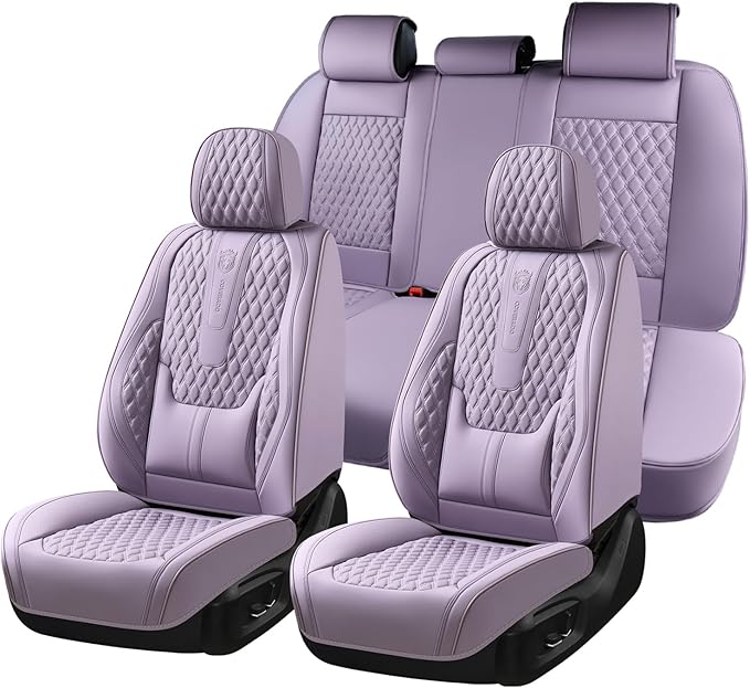 Coverado Seat Covers Full Set, Purple Car Seat Covers, Waterproof Car Seat Cover with Lumbar Support, Leather Car Seat Cushio