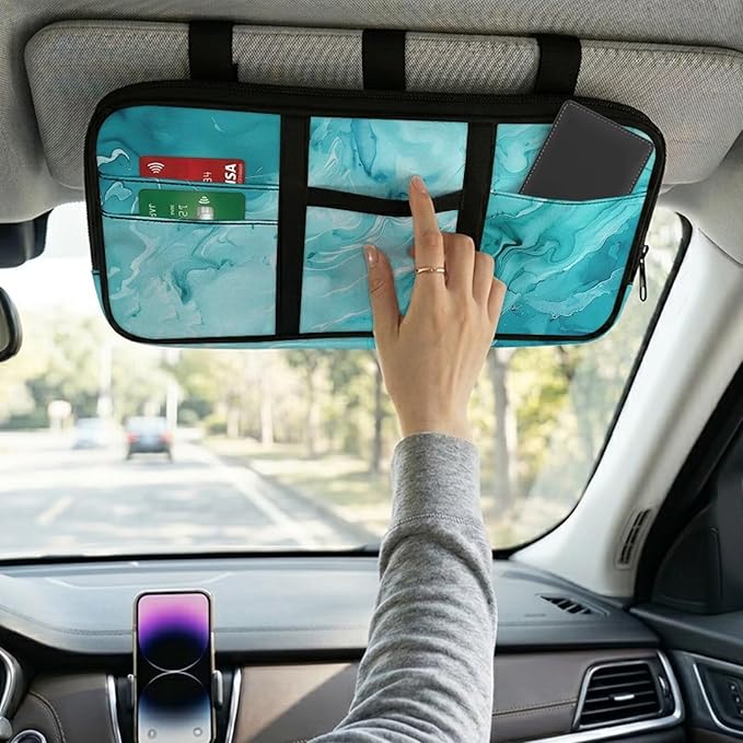 Green Marble Car Sun Visor Organizer, Auto Interior Visor Storage Pouch Holder with Zipper, Multi-Pocket Visor Organizer Storage Universal Cars Accessories for Card, Document