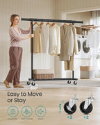 SONGMICS Clothes Rack with Wheels, Heavy-Duty Clothing Rack for Hanging Clothes, Portable, 17.7 x (36.2-52) x 63.6 Inches, wi