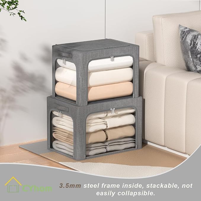 3Pack Stackable Foldable Storage Bin - Metal Frame Storage Box Clothing Storage Organizer with Clear Window, Carry Handles (6