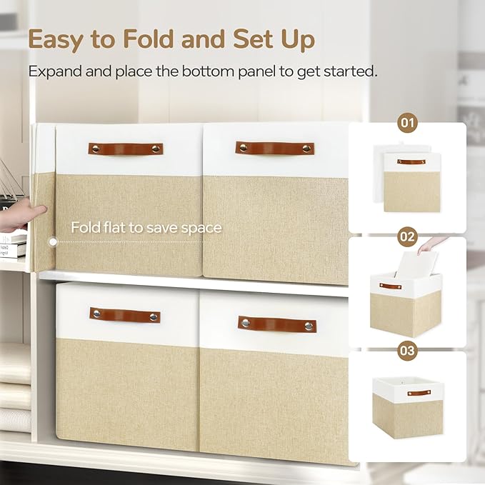 13x13 Storage Cubes 4-Pack, Large Foldable Fabric Cube Storage Bin with Reinforced Bottom and Labels, Organizer Baskets for S