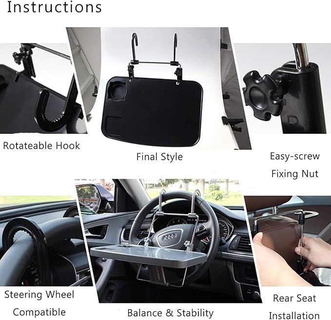 XINDELL Steering Wheel & Car Seat Tray - Universal Foldable Desk for Laptop, Food, Cup Holder - Portable Car Food Tray for Drivers, Kids, Road Trips - Fits All Vehicles
