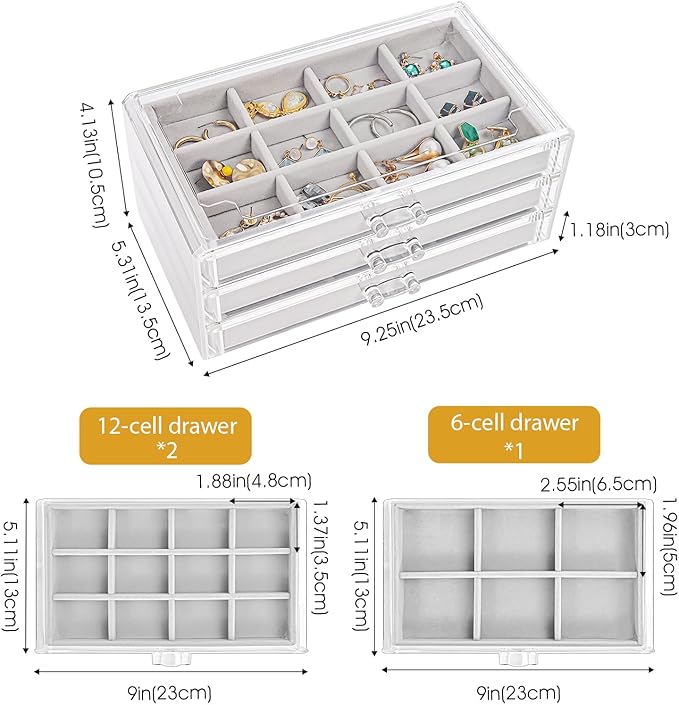 ProCase Earring Holder Organizer Jewelry Box with 3 Drawers, Acrylic Clear Earring Case with Adjustable Velvet Trays for Wome