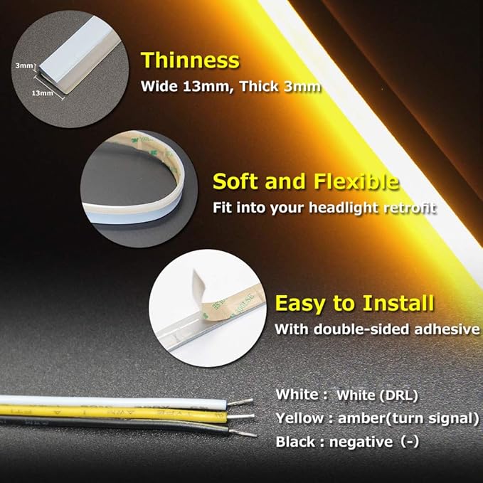 OPP ULITE White Amber Switchback Led Strip Lights, White DRL Amber Sequential Flowing Turn Signal Light, 114 PCS Led Chip Waterproof Car Flexible Tube Easy Paste Install, 2PC Pack