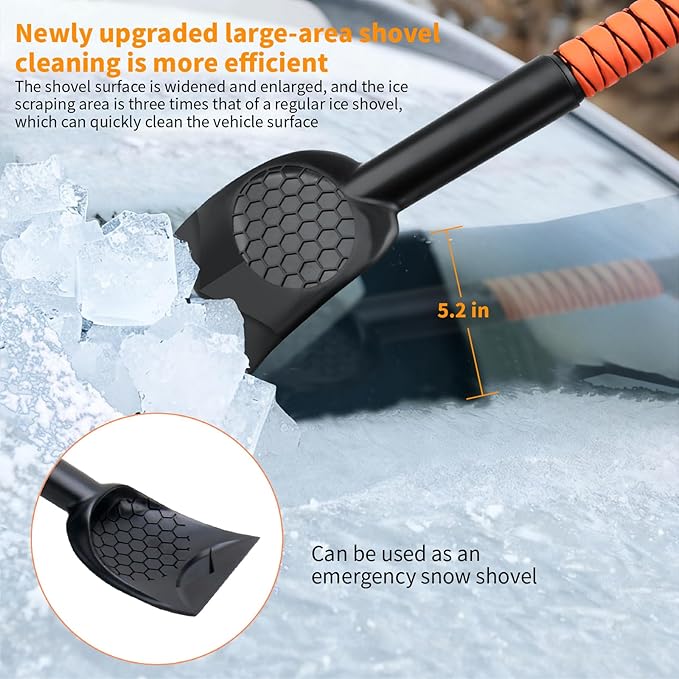 43.3'' Snow Shovel & Snow Brush with Ice Scrapers for Car Windshield,5-in-1 Extendable Thicken Aluminum Tube,180° Pivoting Brush Head & Foam Grip for Christmas, Cars, Trucks, SUVs, Vehicle(Orange
