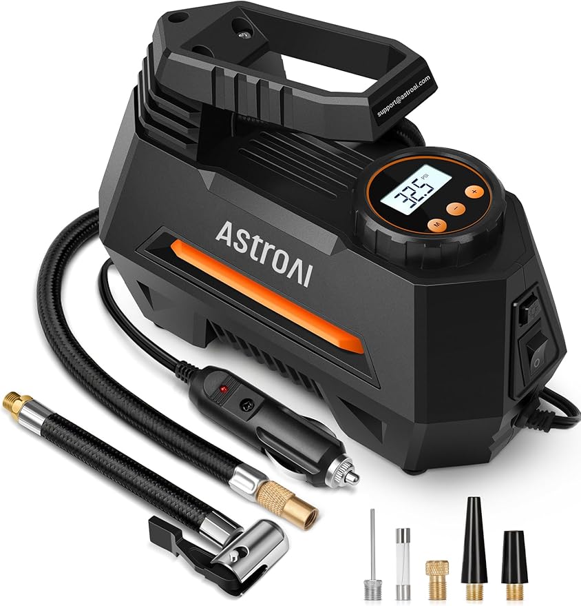 AstroAI Tire Inflator Portable Air Compressor Air Pump for Car Tires-Car Accessories, 9.8Ft Cord-12V DC-Powered Auto Pump with Digital Pressure Gauge, Emergency LED Light for Bicycle, Balloons, Orange