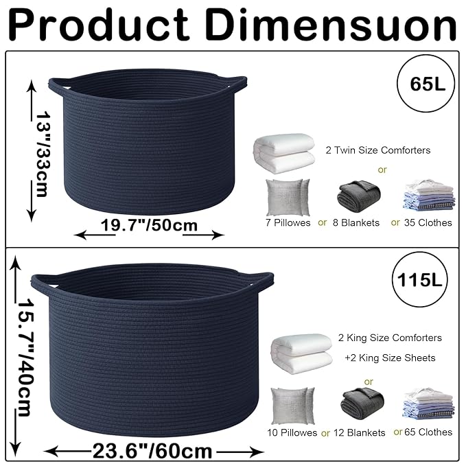 65L Extra Large Woven Cotton Rope Blanket Basket with Handles, Laundry Hamper Storage Bin for Pillows, Comforters,Clothes, To