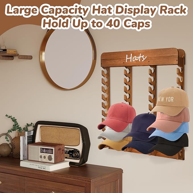 Wooden Hat Racks for Baseball Caps, 40-Slot Wall Mount Baseball Cap Rack, Hat Organizer for Display and Storage, Vertical Cap