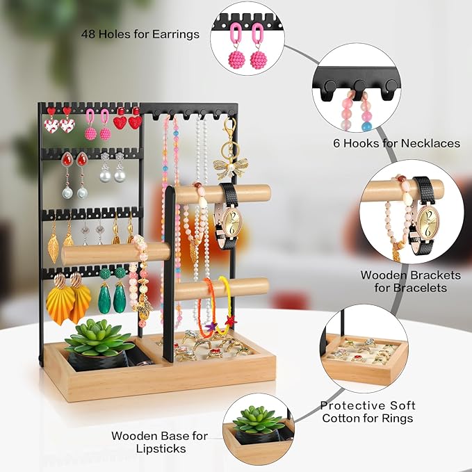 Godboat Jewelry Holder Organizer, 4-Tier Earring Holder with 48 Holes, 6 Hooks Necklace Holder, Removable Bracelet Holder, Gi