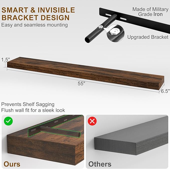 Fun Memories 55 Inch Fireplace Mantel - Long Floating Shelf, Wall Mounted Farmhouse Display with Invisible Heavy Duty Metal B