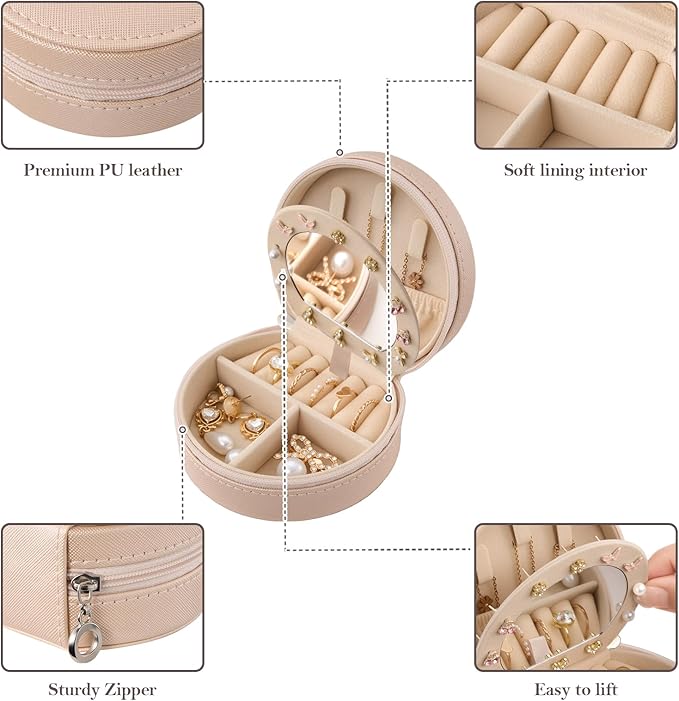 ProCase Travel Size Jewelry Box, Mini Portable Seashell-Shaped Jewelry Case with Mirror, 2 Layer Organizer in PU Leather for 