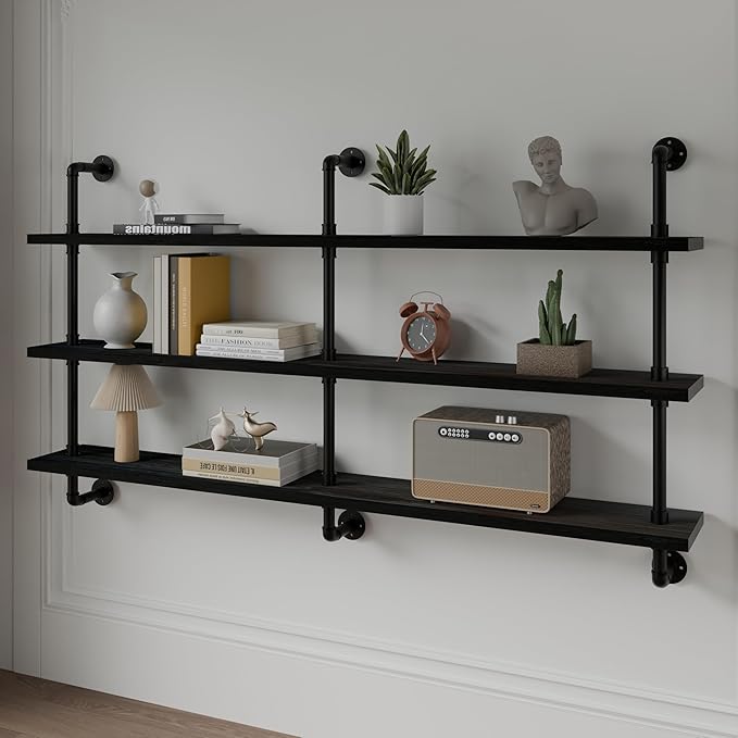 Industrial Pipe Shelving Rustic Black Pipe Wall Shelves Industrial Shelves with Wood Planks Floating Shelves 60 Inch Farmhous