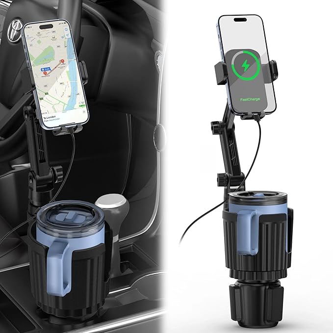Wireless Car Charger Phone Mount Cup Holder, 3 in 1 15W Fast Charging Auto Clamping Cup Holder Expander for Car, Phone Holder