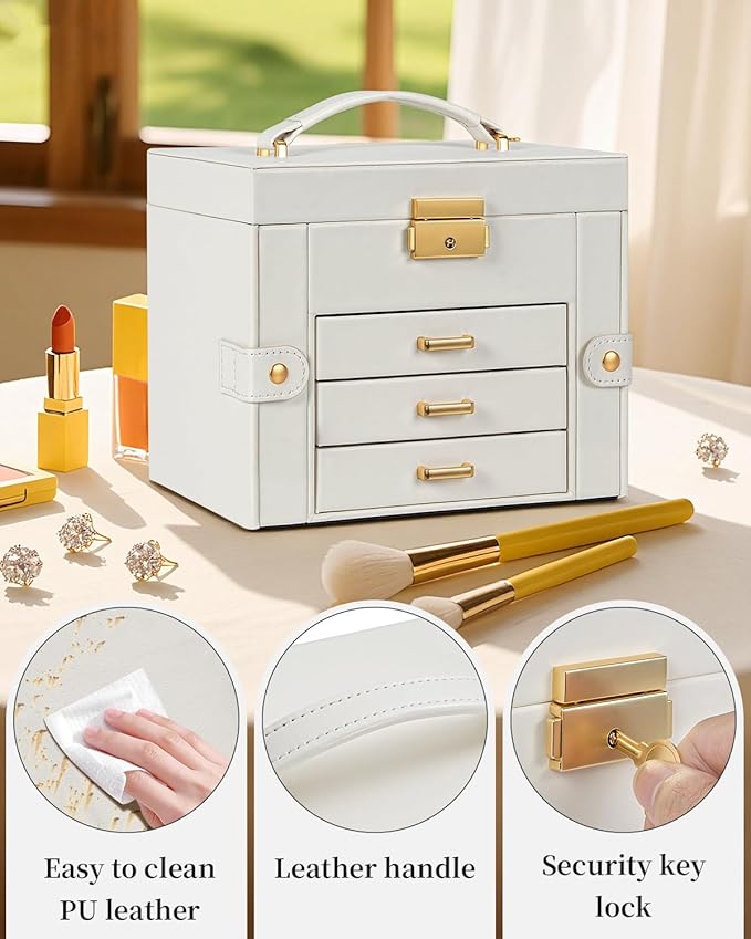 TORIBIO Jewelry Box for Women, Leather Jewelry Organizer with Mirror & Lock, 4-Tier Jewelry Storage Organizer with 3 Drawers 