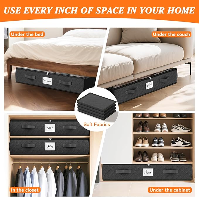 SpaceWhisper 90L Under Bed Storage Containers, 4-Pack Storage Bins with Clear Top, Foldable Closet Organizers and Storage wit