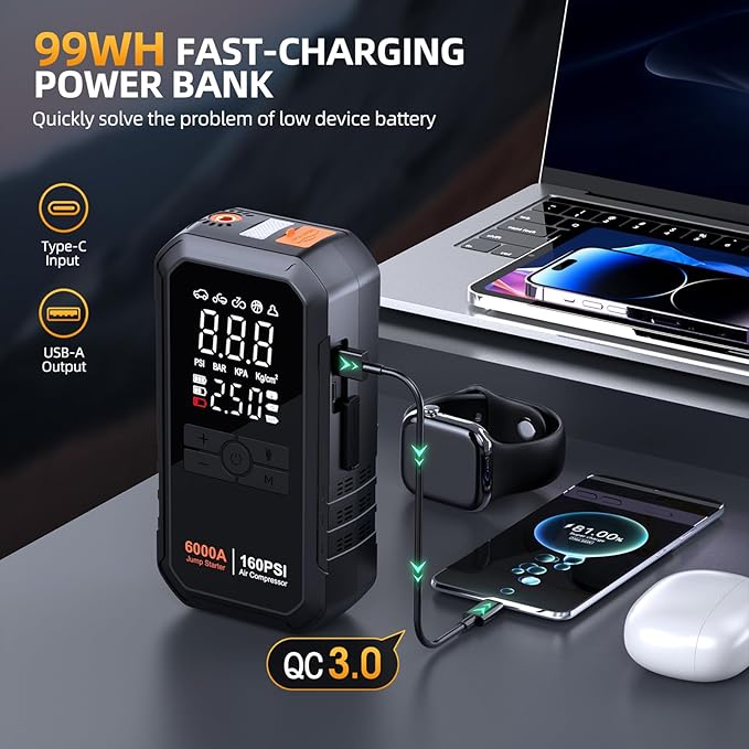 Portable 10-in-1 Car Battery Jump Starter with Air Compressor 6000A 160PSI Portable Car Jumper Starter (All Gas 12L Diesel),