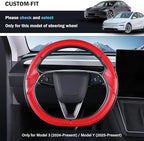 Steering Wheel Cover for Tesla Model 3 Highland(2024-Present)/ Model Y Juniper(2025-Present),Anti-Slip,Comfortable Grip,Breathable,Customized for Tesla Model 3/Y Accessories,Matte Red
