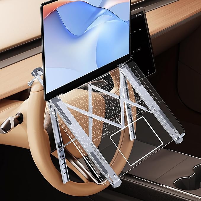 Foldable Car Laptop Holder, Adjustable Car Laptop Mount for Steering Wheel Tray Holder, Metal Notebook stand| Car Reading Stand | Car Tablet Holder, Multipurpose Travel Car Accessories-Silver
