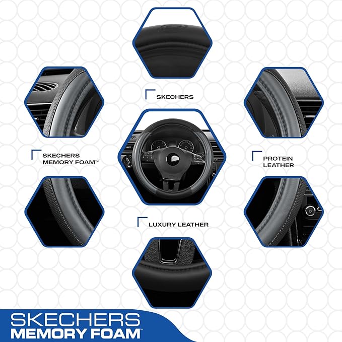 Skechers Steering Wheel Cover Memory Foam,Luxury Leather Steering Wheel Covers,Universal Anti-Slip Fit 14" 1/2-15" Car Wheel 