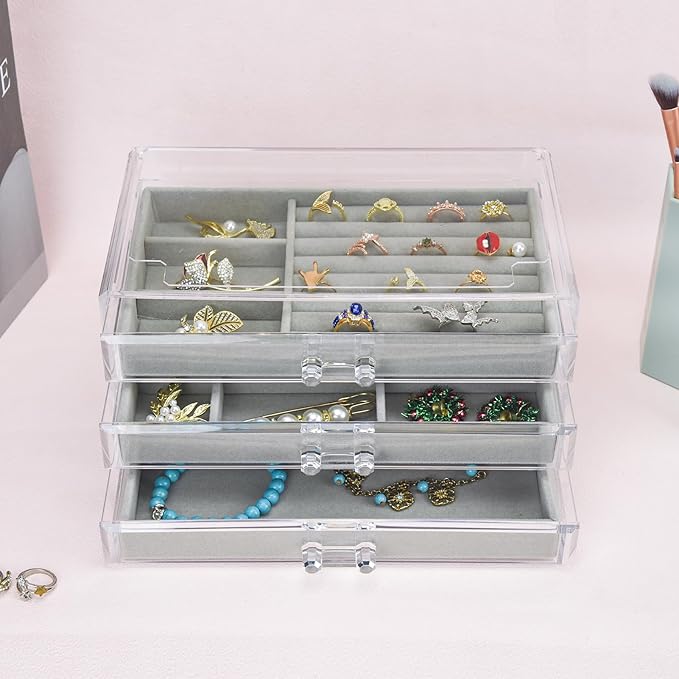 Weiai Acrylic Jewelry Box 3 Drawers, Velvet Jewellery Organizer, Earring Rings Necklaces Bracelets Display Case Gift for Wome
