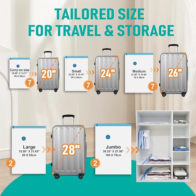 Travel Vacuum Storage Bags with Rechargeable USB Air Pump, Space Saver Vacuum Seal Bags for Luggage, Sealer Compression for C