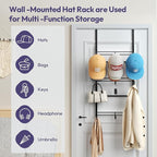 SWTYMIKI Over Door Hat Organizer - 3 Tier Metal Adjustable Wall Mounted Hat Rack with 9 Hooks Design, Hanging Baseball Cap Or