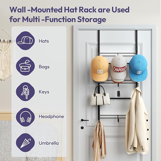 SWTYMIKI Over Door Hat Organizer - 3 Tier Metal Adjustable Wall Mounted Hat Rack with 9 Hooks Design, Hanging Baseball Cap Or
