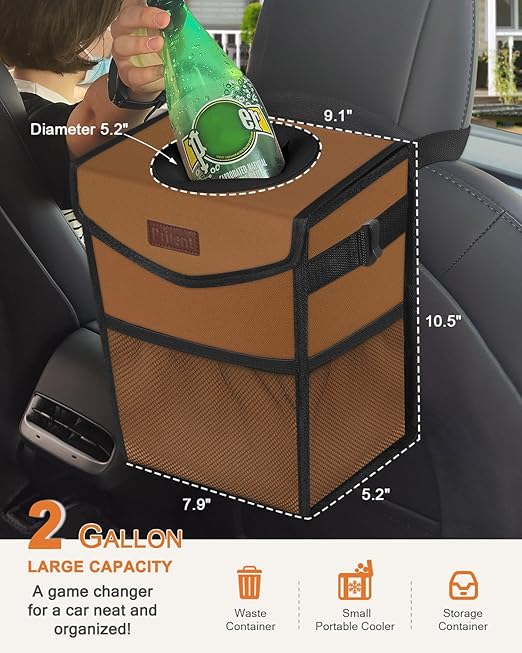 Car Trash Can with Lid, Cute Leakproof Car Trash Garbage Bag Hanging Vehicle Trash Bin Small Portable Automotive Garbage Cans Organizer for Back/Front Seat(Trapezoid,Brown)