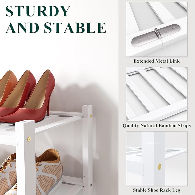 Smiry Bamboo Shoe Rack for Closet, 2 Tier Wooden Stackable Shoe Organizer, Free Standing Shoes Storage Shelf for Entryway, Fr