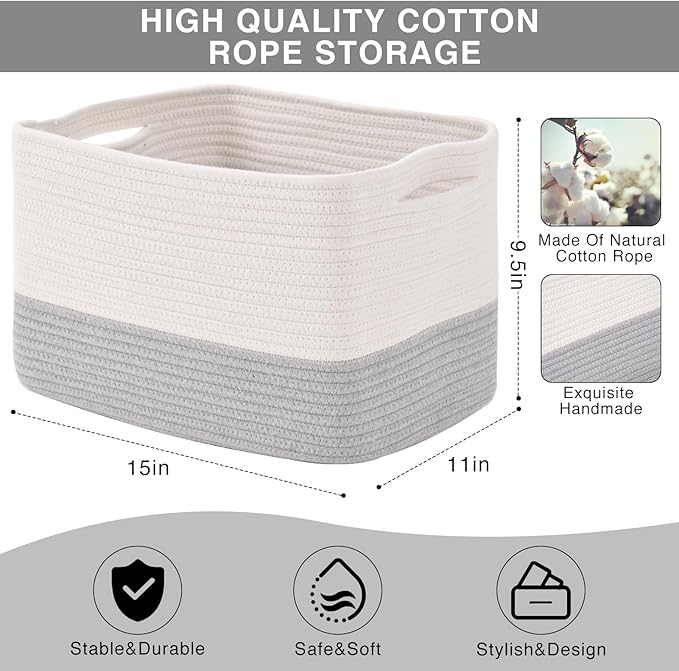 ICERZCZ Storage Baskets for Organizing Shelves, Woven Cotton Rope Bins for Baby Nursery Organization, Book Toy Towel Organize