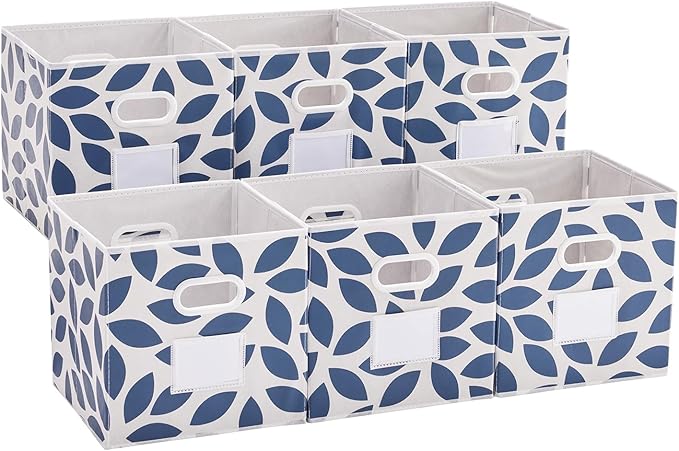 MAX Houser 6 Pack Foldable Fabric Storage Bins with Handles - Ideal for Closet Organization, Bedroom and Nursery（Blue, 12"x12