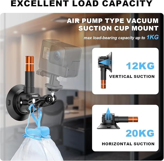 COMAN 3'' Suction Cup Camera Mount with Ball Head Magic Arm, Metal Camera Suction Mount for Action Cameras iPhone, Quick Release Car Mount with 1/4" & 3/8" Mounting Holes for Car Windshield Window