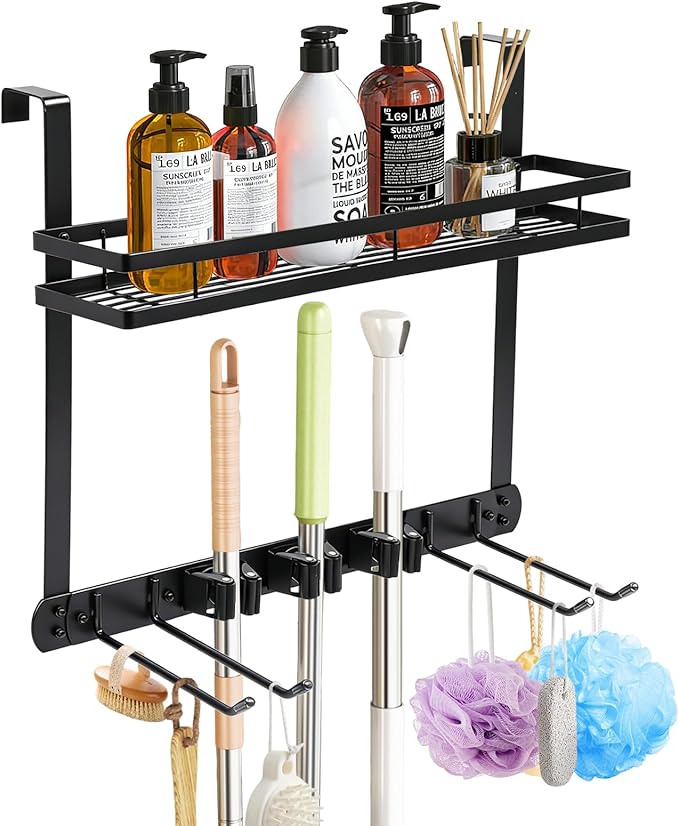 Broom Holder Door Mount,Door Mounted Broom and Mop Holder with Dual Tool Hooks, Three Slots, and One Tool Storage Basket For 