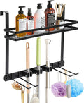 Broom Holder Door Mount,Door Mounted Broom and Mop Holder with Dual Tool Hooks, Three Slots, and One Tool Storage Basket For 