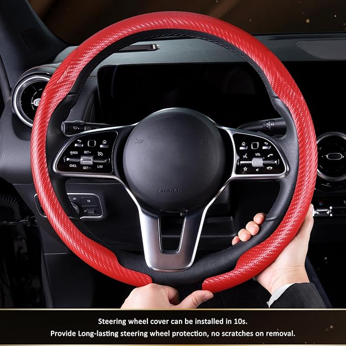 Aimato Car Steering Wheel Cover Carbon Fiber, Ultra-Thin Car Steering Wheel Cover,Comfortable & Breathable Microfiber,Universal Fit for Most Cars, Matte Red