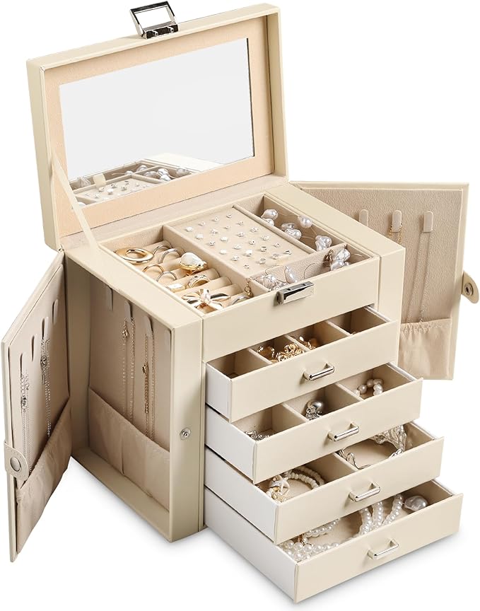 Frebeauty 5-layer Jewelry Box,Faux Leather Jewelry Organizer with 4 Drawers,Jewelry Organizers and Storage with Mirror,Jewelr