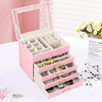 Kendal Jewelry Box, 5-Layer Jewelry Organizer Box with Glass Lid, Pink, Heart Shaped PU Leather, Storage Box for Necklace Ear