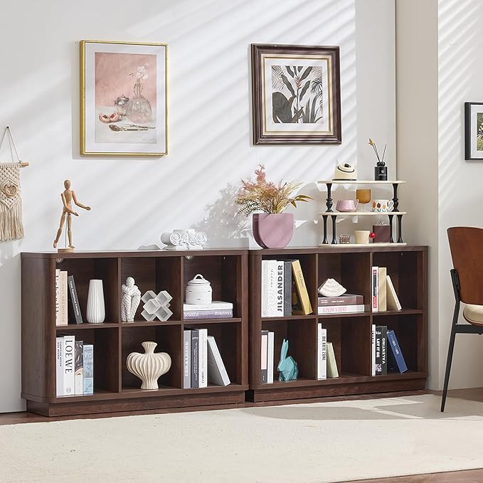 Joaxswe 6 Cube Storage Bookcase, 40" Wide Low Horizontal Book Shelf with Curved Edge, Wood Floor Standing 2-Tier Bookshelf wi