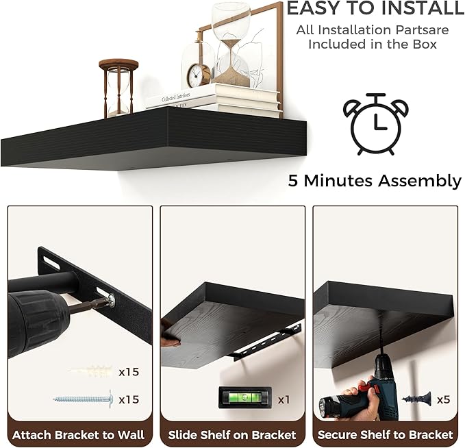 Floating Shelves for Wall, 24 Inch Wide x 12 Inch Deep Floating Shelves, Long Wood Floating Wall Shelf Shelves for Living Roo