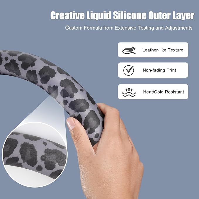 Black Leopard Print Steering Wheel Cover with Silicone Inner Ring, Non-Toxic, Odorless Silicone Leather with Non-Fading Patte