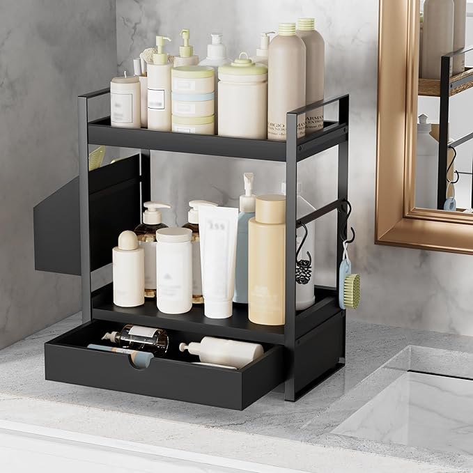 2-Tier Bathroom Counter Organizer with Drawer and Basket, Wood Countertop Organizer for Storage, Skincare Organizers for Vani