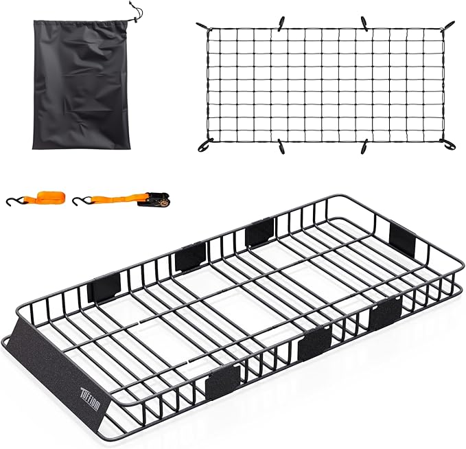 TUFFIOM 84"x 39"x 6" Universal Rooftop Cargo Carrier Basket, Extendable Steel Roof Rack Basket w/Net+Storage Bag+Straps, Heavy Duty Car Top Rack Luggage Holder Carrier for SUV Car Truck Van