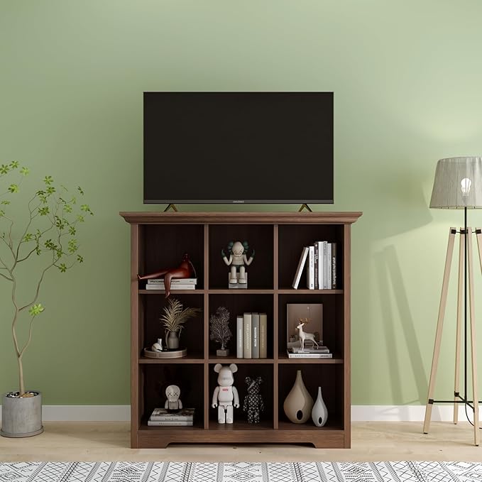 OSCHF Cube Shelf Bookcase with Base - Wooden 3 Tiers Floor Standing Low Storage Cabinet for Home and Office, 9-Cube Lattice B