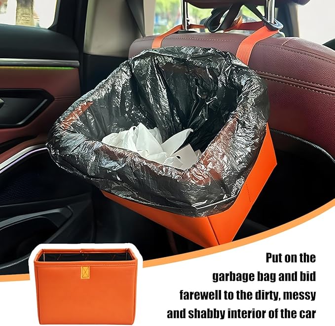 Car Trash Can, Leather Foldable Large Capacity Vehicle Hanging Garbage Bin Organizer, Waterproof Auto Interior Storage Bag Container Accessories, Universal for SUV Sedan Truck (Orange)