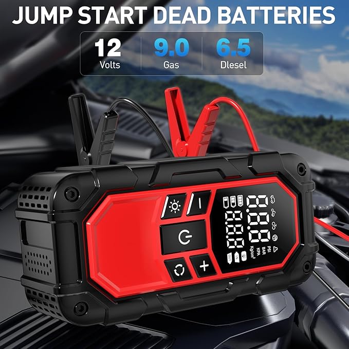 Jump Starter with Air Compressor,Car Battery Jump Starter (9.0 Gasoline/6.5L Diesel) with 150PSI Digital tire inflator