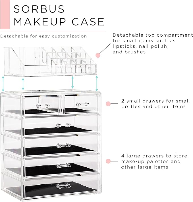 Sorbus Acrylic Makeup Organizer Set, 6-Drawer Vanity & Countertop Cosmetic Storage with Small & Wide Compartments, Clear Make