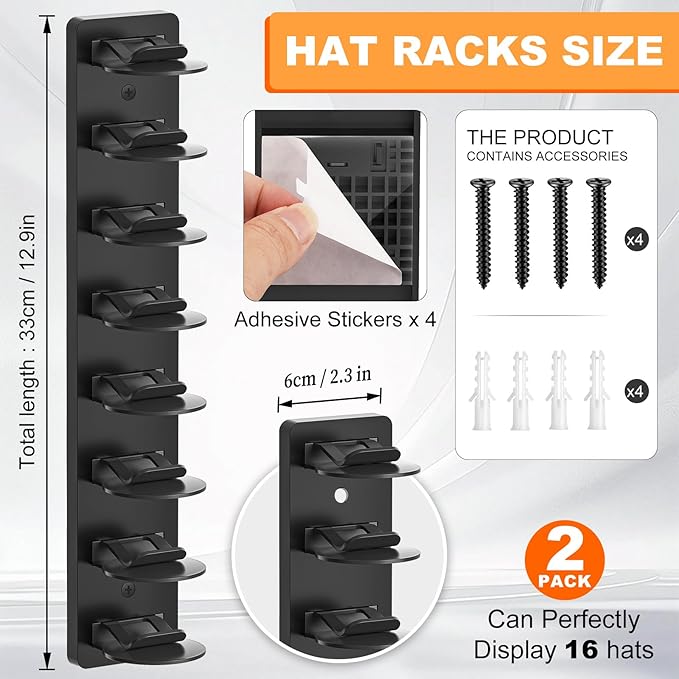 4 Pack Hat Organizer for Baseball Caps, Hat Rack for Wall, Strong Adhesive & Screw-in Cap Holder hat hangers for Closet Door 