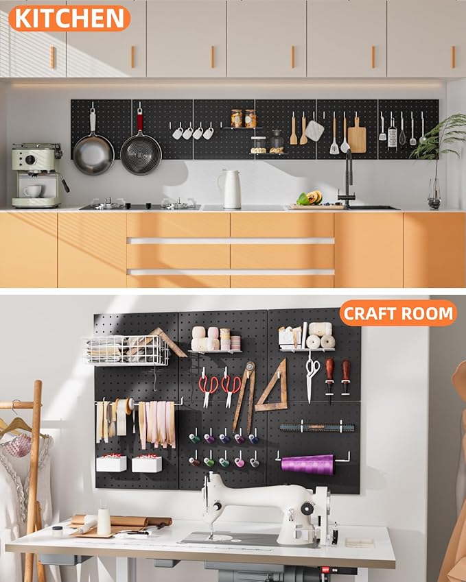 INCLY 6 Pack 12"x12" Black Metal Pegboard Panels, Heavy Duty Pegboard Wall Organizer with Frame, Black Peg Board for Walls, G